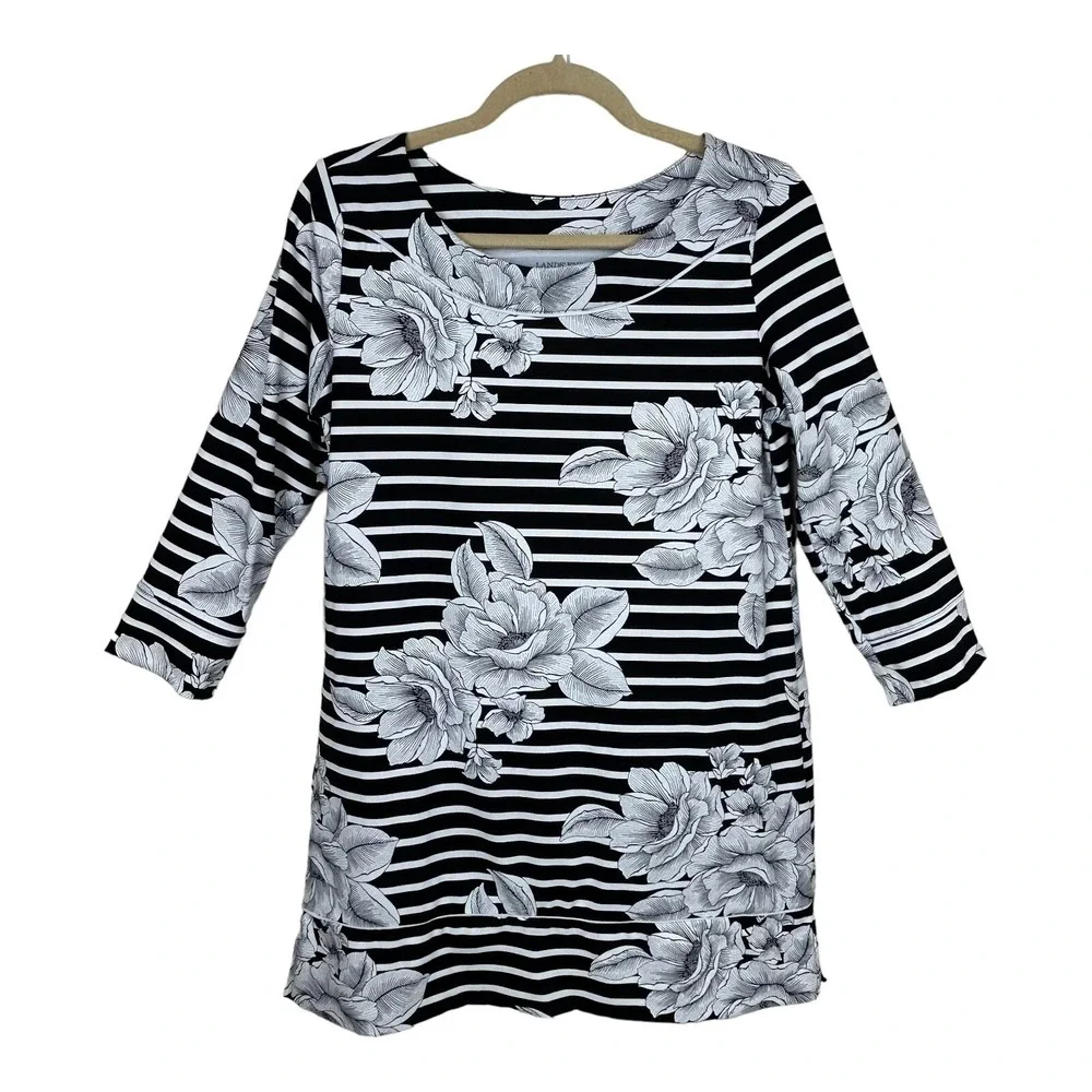 Lands' End Women's Swim Cover-Up M 10 - 12 Black White Floral Beach Sunblock NEW